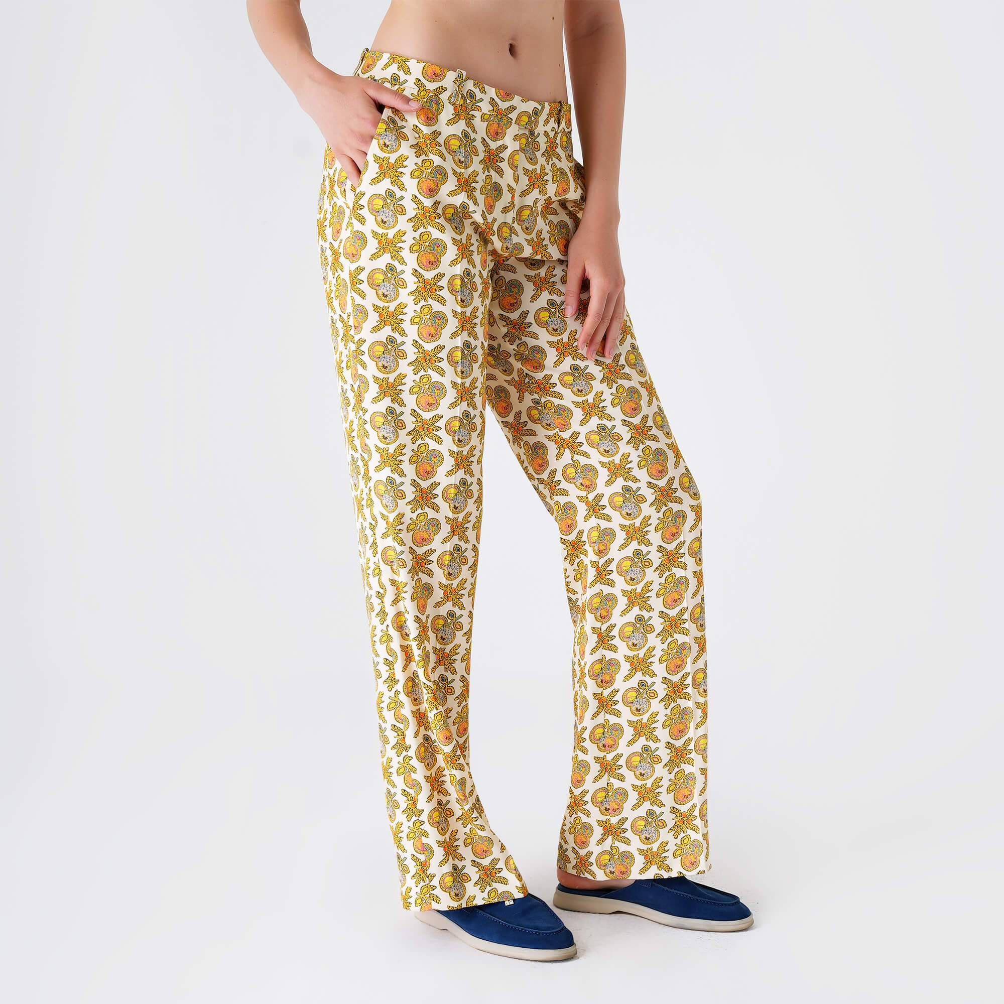 Etro - Yellow&Orange Cherry Floral Print Viscose Flare Pants